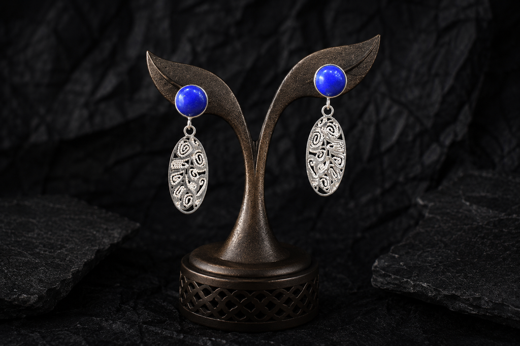 925 Sterling Silver Filigree Oval Drop Earrings with Royal Blue Stone