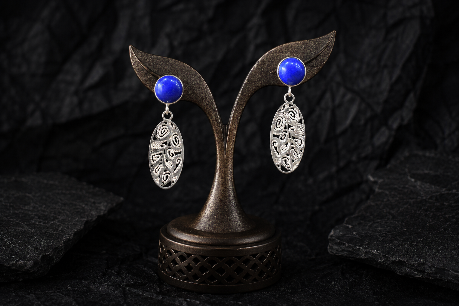925 Sterling Silver Filigree Oval Drop Earrings with Royal Blue Stone