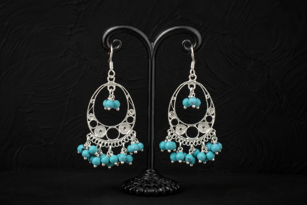 925 Sterling Silver Filigree Turquoise Chandbali Drop Earrings
