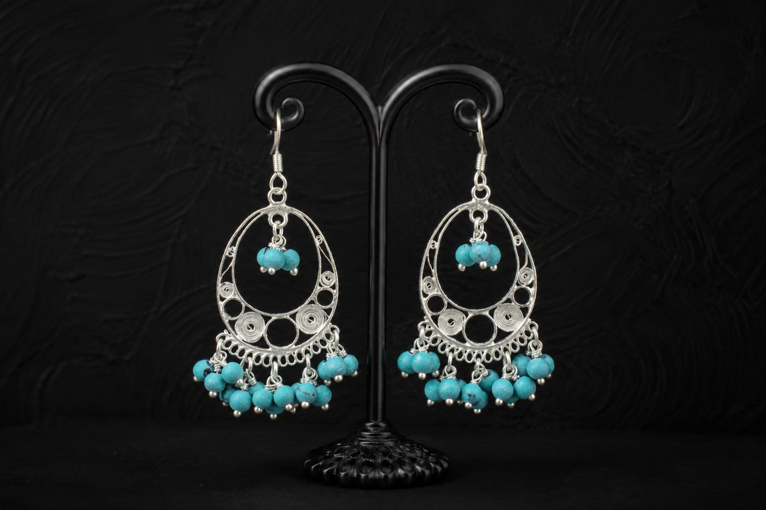 925 Sterling Silver Filigree Turquoise Chandbali Drop Earrings