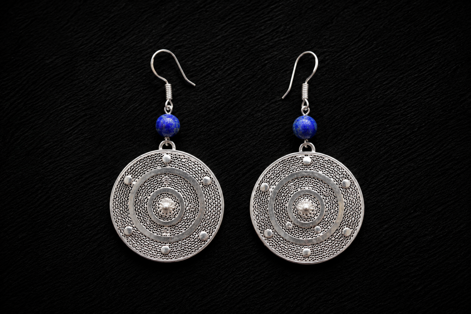 925 Silver Filigree Lapis Orbit Earrings