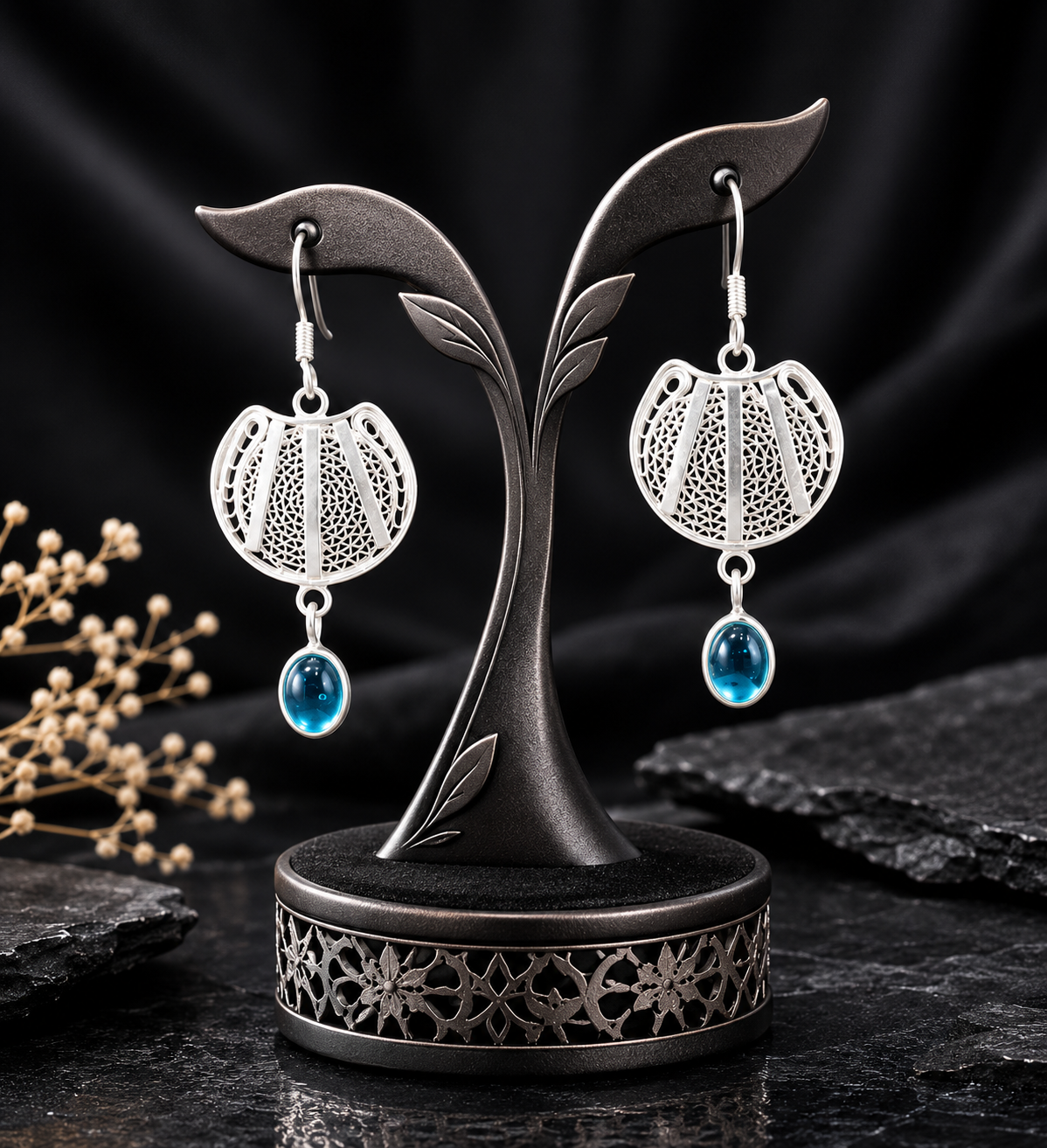 925 Sterling Silver Filigree Lantern Drop Earrings with Blue Quartz