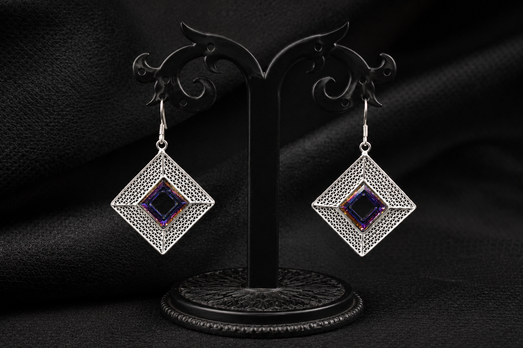 925 Silver Filigree Mystic Prism Square Earrings