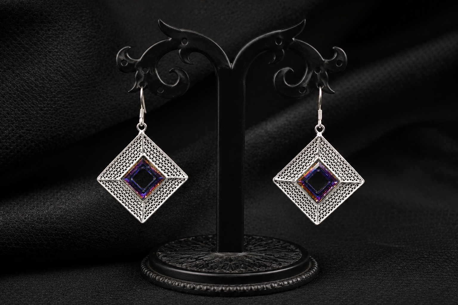 925 Silver Filigree Mystic Prism Square Earrings