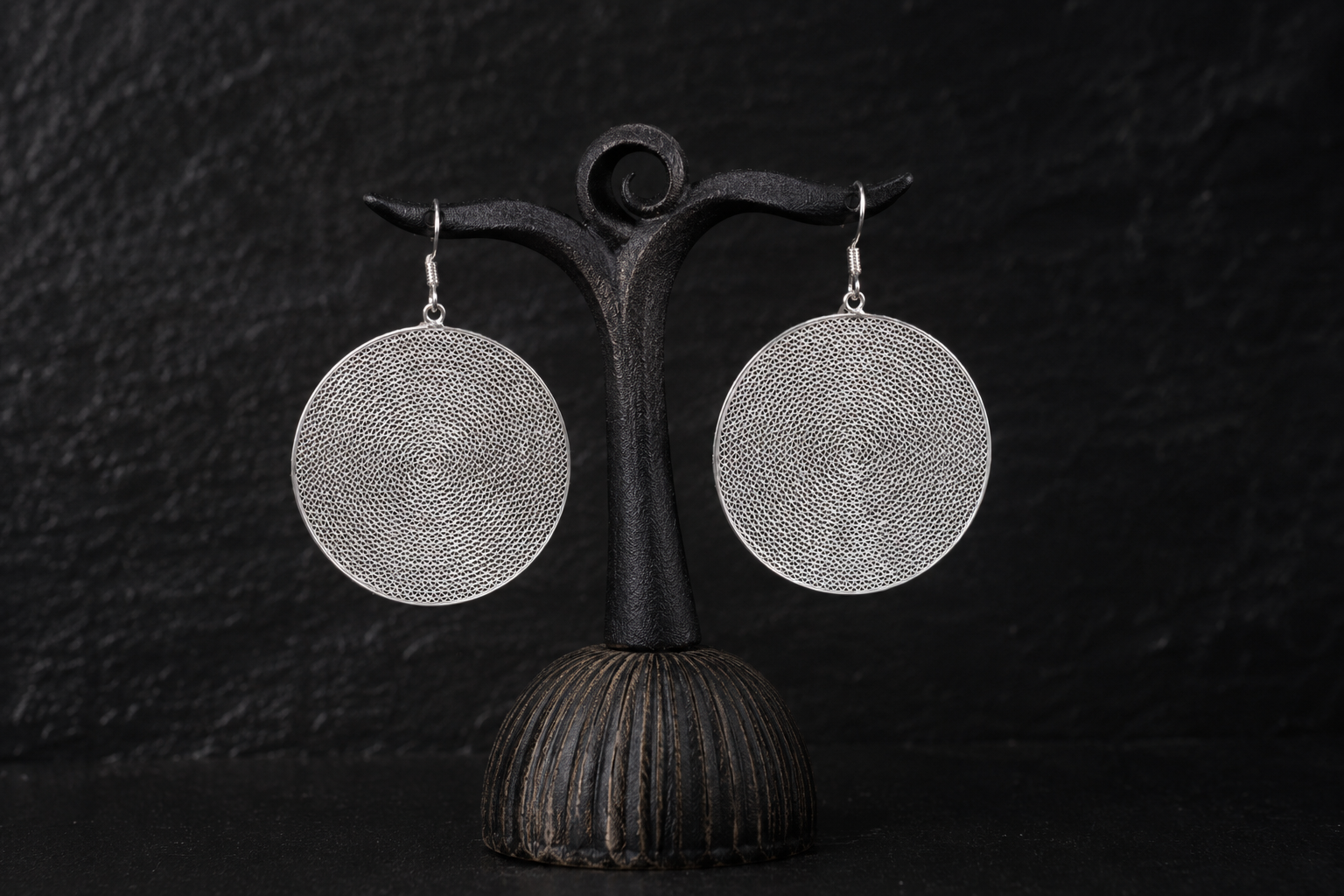 Celestial Spiral Silver Filigree Disc Earrings