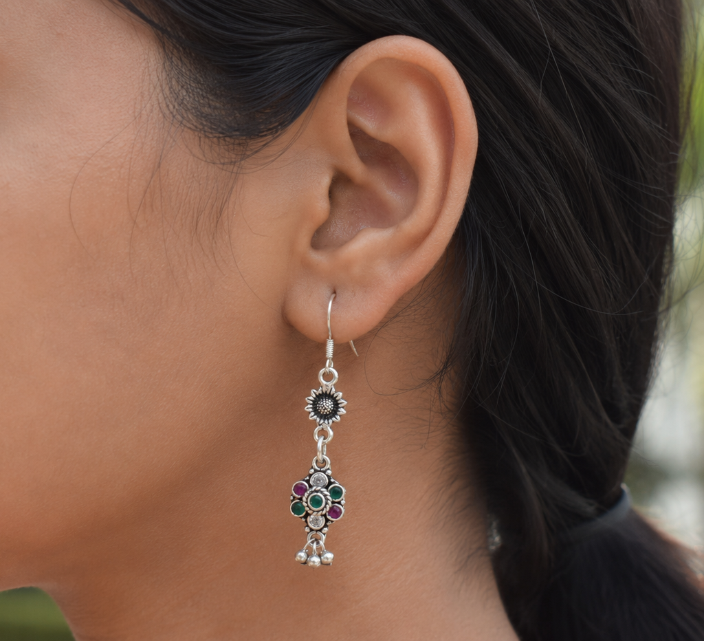 Sunflower Bloom Oxidized Silver Earrings