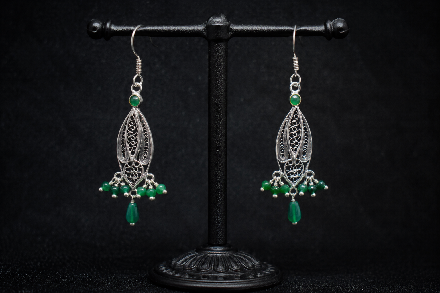 Emerald Green Filigree Oxidized Silver Drop Earrings