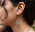Emerald Green Filigree Oxidized Silver Drop Earrings
