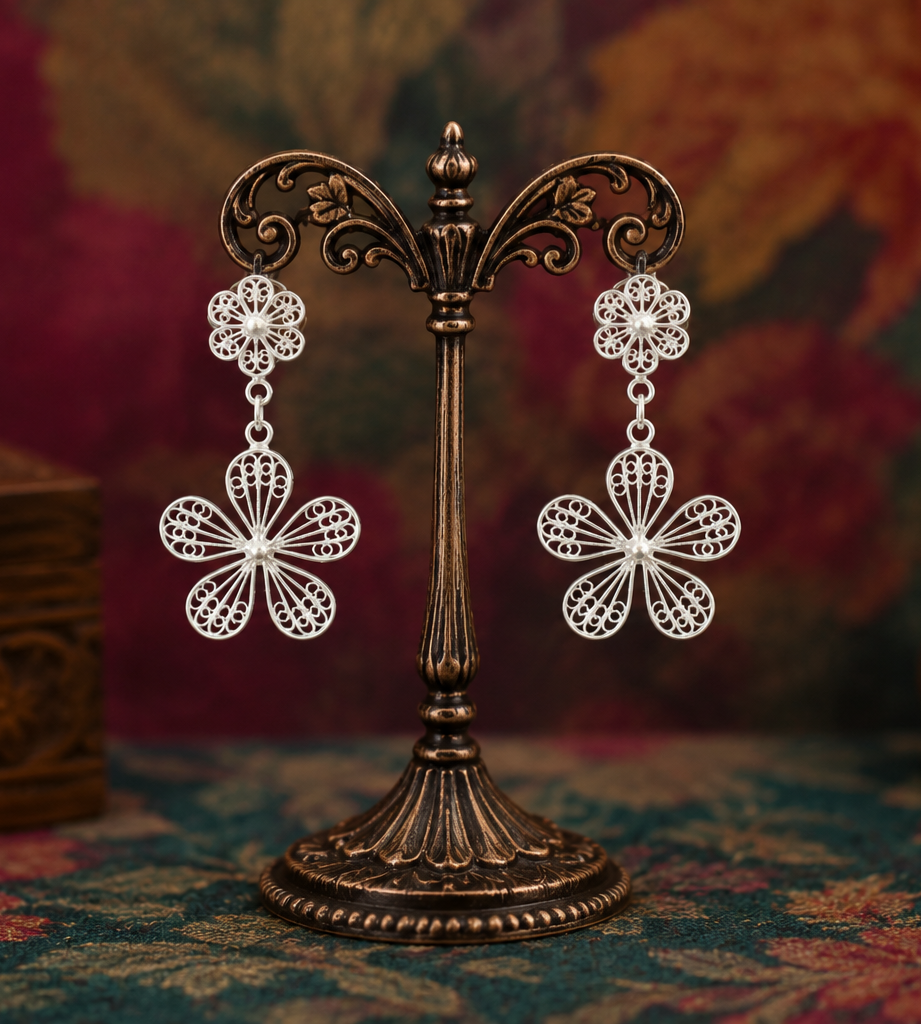 925 Silver Filigree Floral Bloom Earrings - detail of the filigree wirework