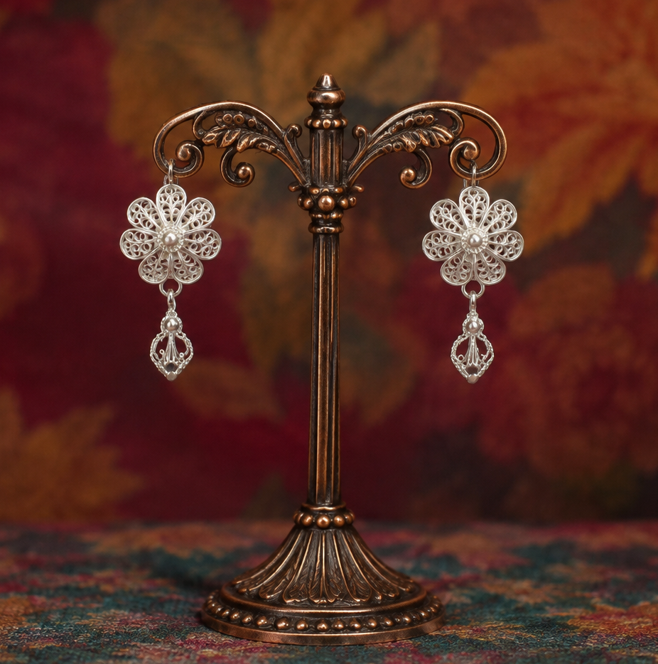 925 Silver Filigree Floral Drop Earrings - detail of the filigree wirework