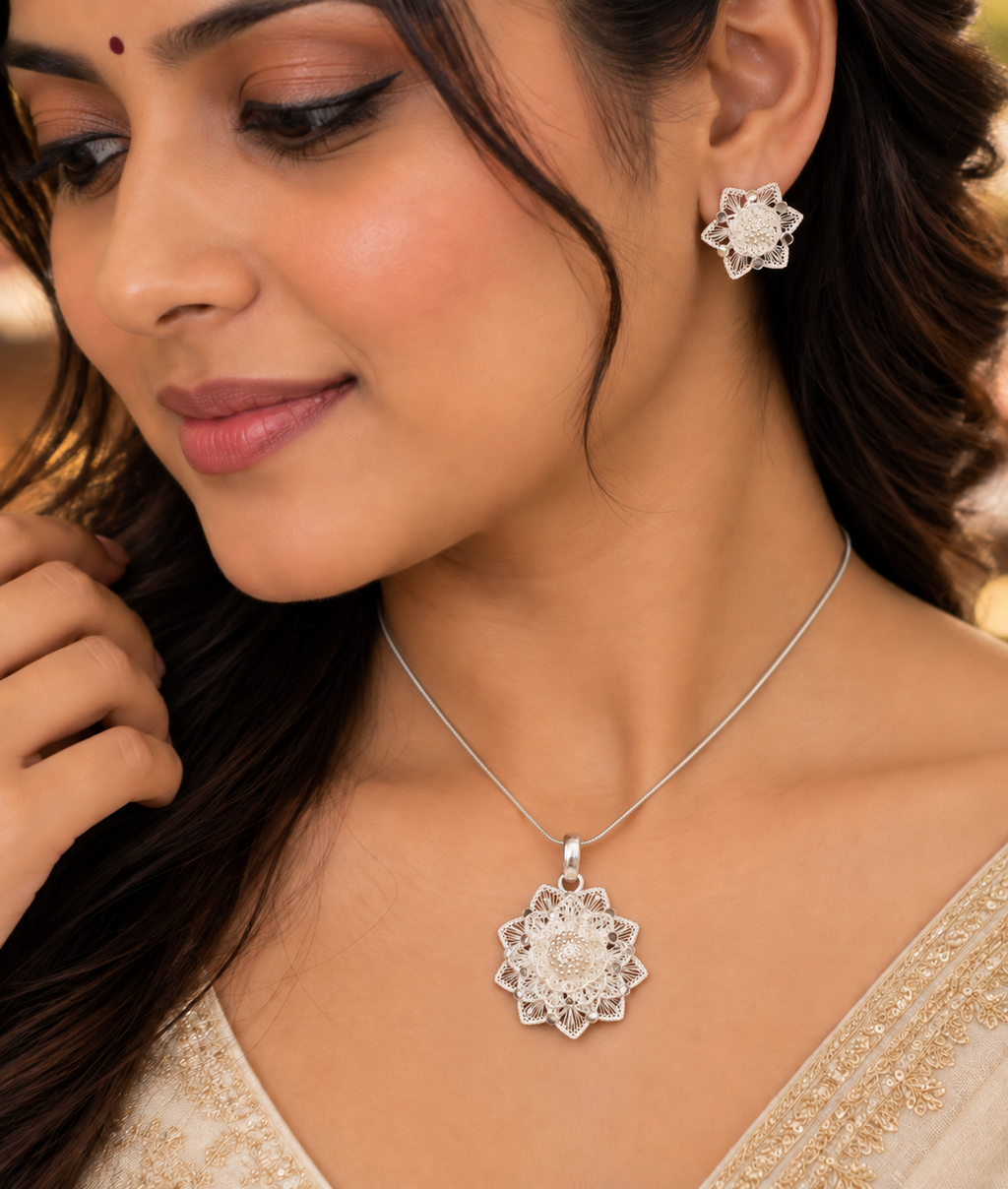 Silver Filigree Gulab Blossom Pendant & Earrings Set