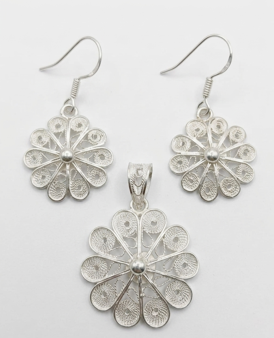Traditional Charkha-Inspired Silver Filigree Pendant Set