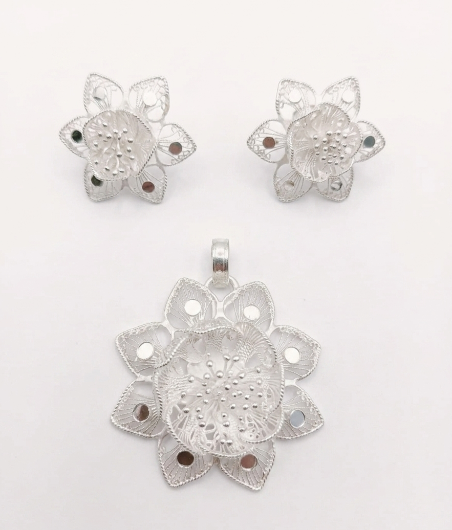 Handcrafted Silver Filigree Floral Pendant and Earrings Set