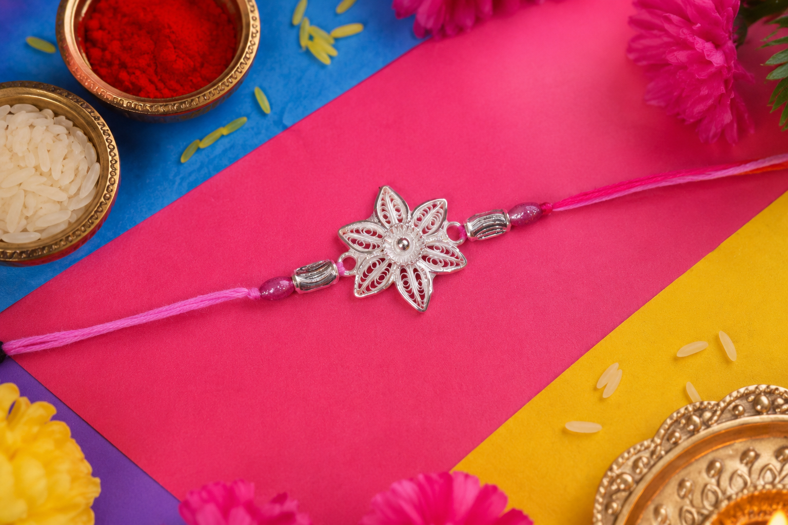 Silver Filigree Bloom Rakhi - detail of the filigree wirework