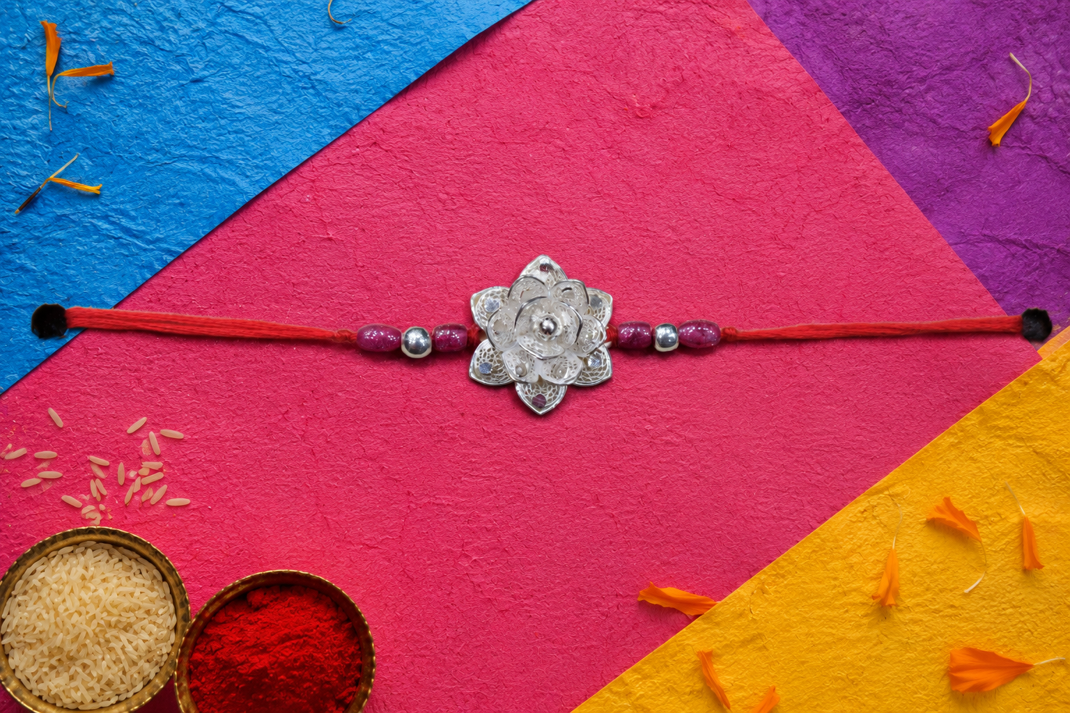 Silver Filigree Lotus Bloom Rakhi - detail of the filigree wirework