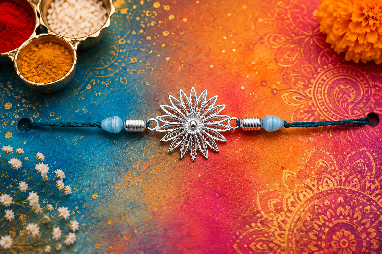 Silver Filigree Sunburst Rakhi - detail of the filigree wirework