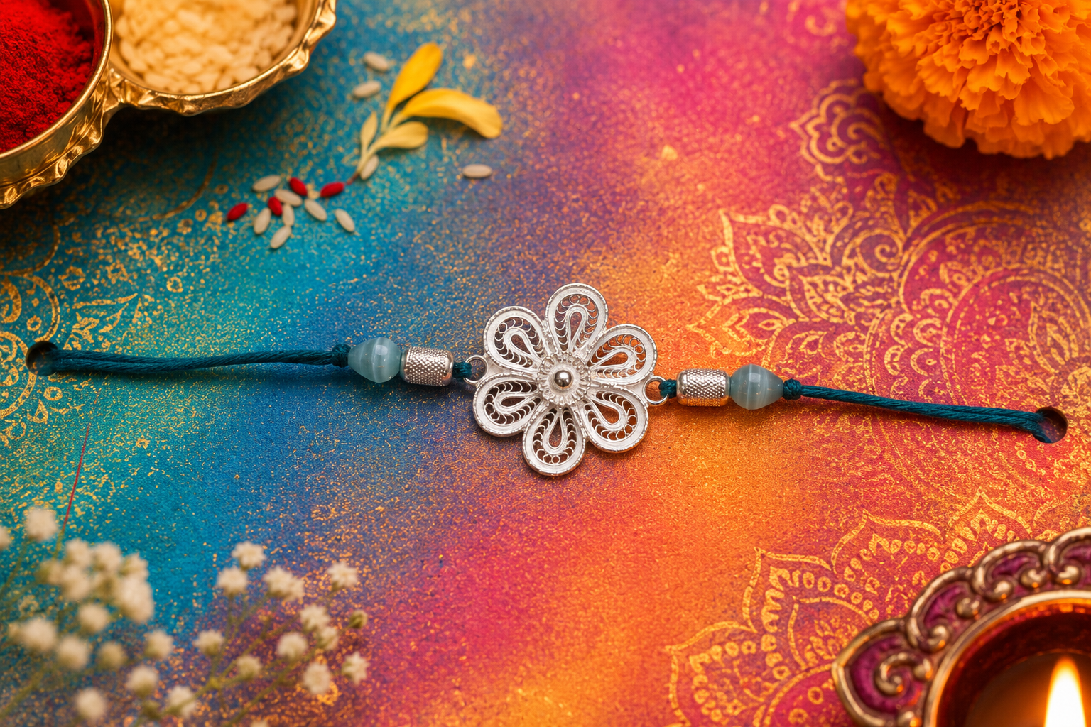 Silver Filigree Petal Bloom Rakhi - detail of the filigree wirework