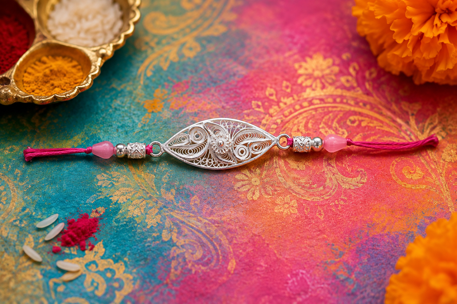 Silver Filigree Leaf Grace Rakhi - detail of the filigree wirework