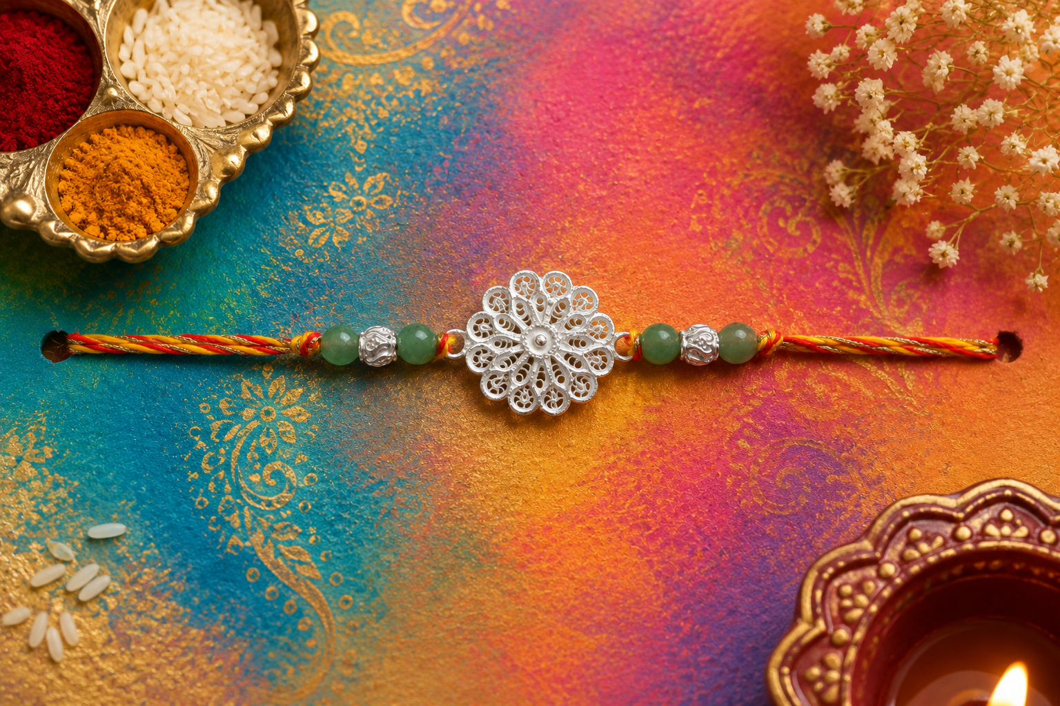 Silver Filigree Floral Mandala Rakhi - detail of the filigree wirework