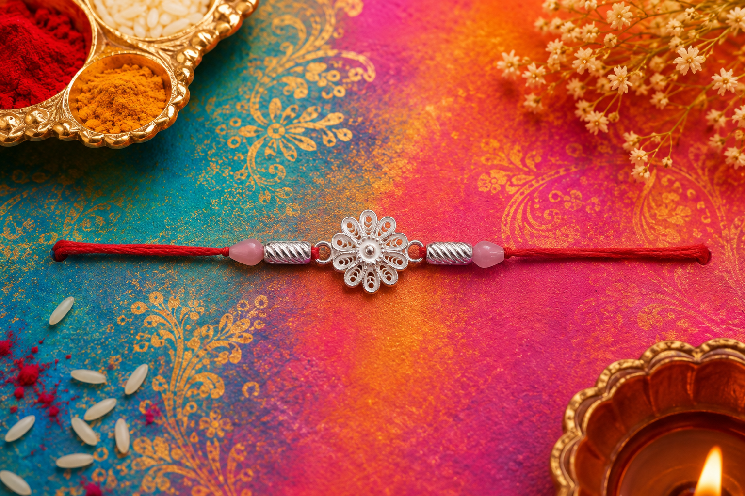 Silver Filigree Blossom Rakhi - detail of the filigree wirework