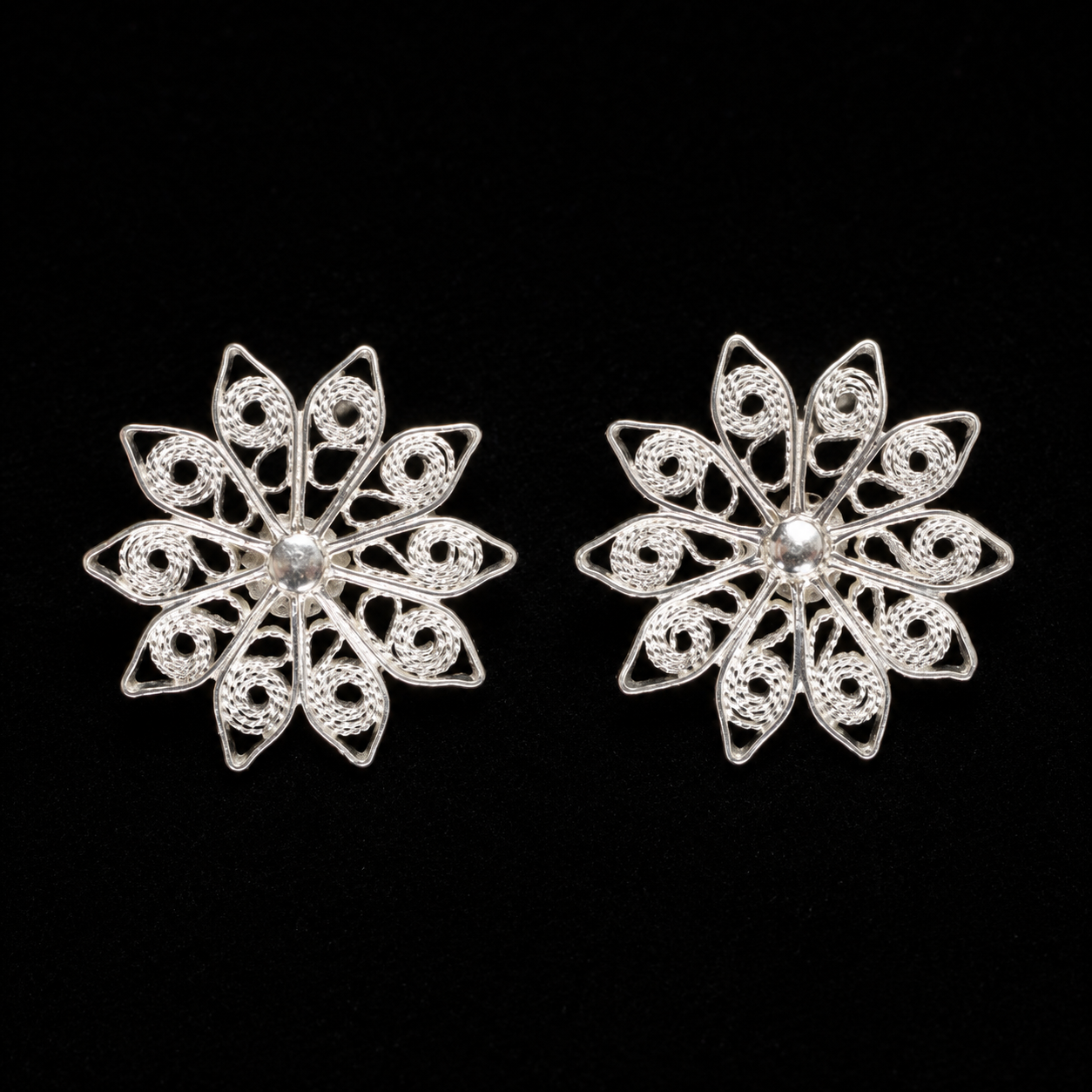 925 Sterling Silver Handcrafted Filigree Lotus Bloom Stud Tops - detail of the filigree wirework