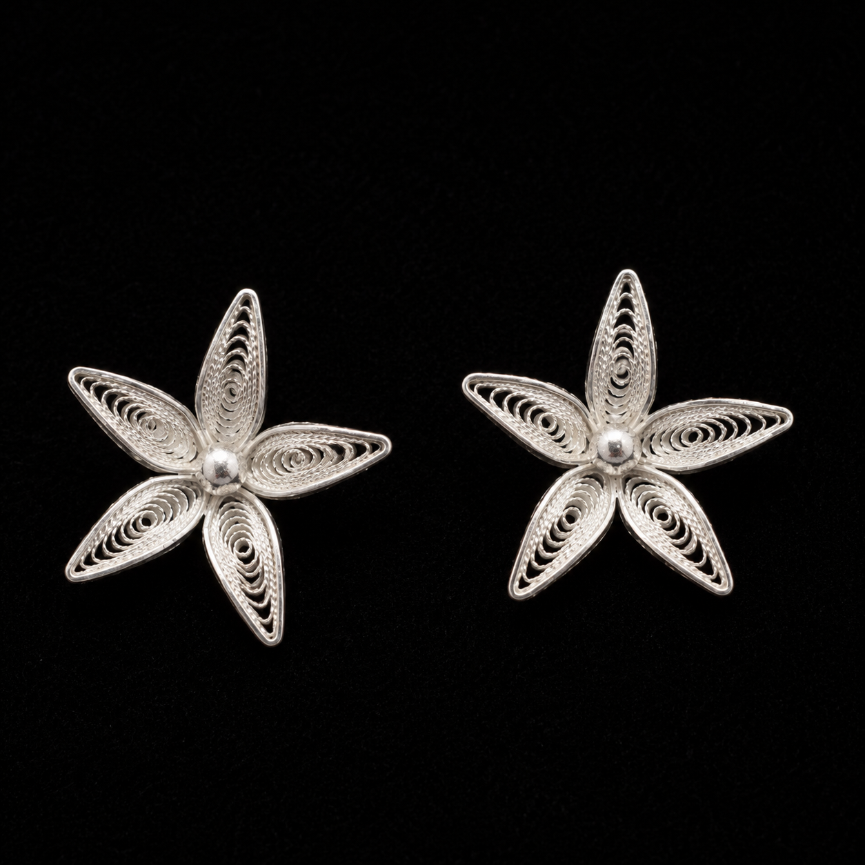 925 Sterling Silver Handcrafted Filigree Star Lily Stud Tops - detail of the filigree wirework