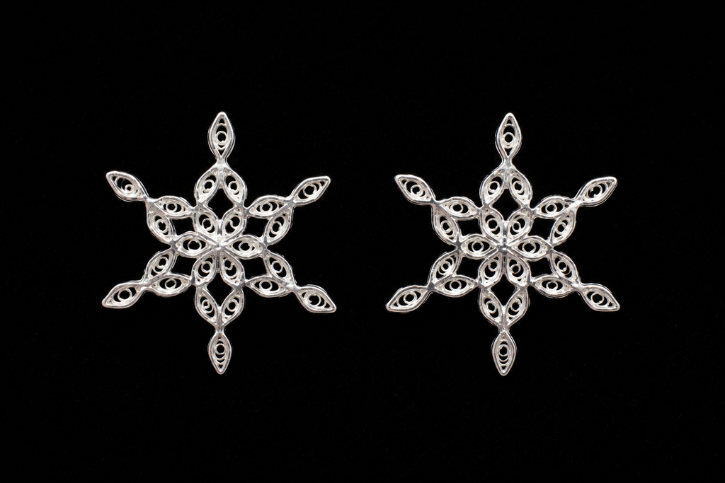 925 Sterling Silver Handcrafted Filigree Snowflake Stud Tops - detail of the filigree wirework