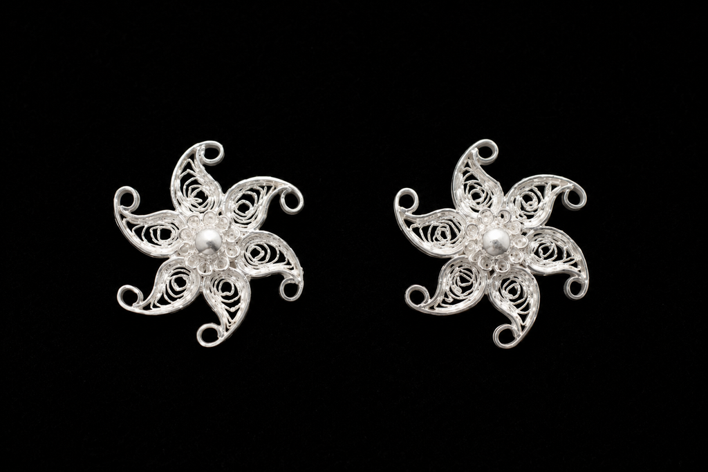 925 Sterling Silver Handcrafted Filigree Pinwheel Stud Tops - detail of the filigree wirework