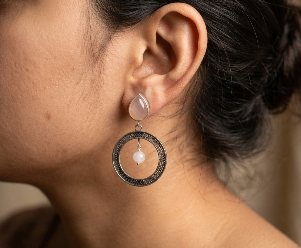 Blush Stone Oxidized Silver Circle Drop Earrings