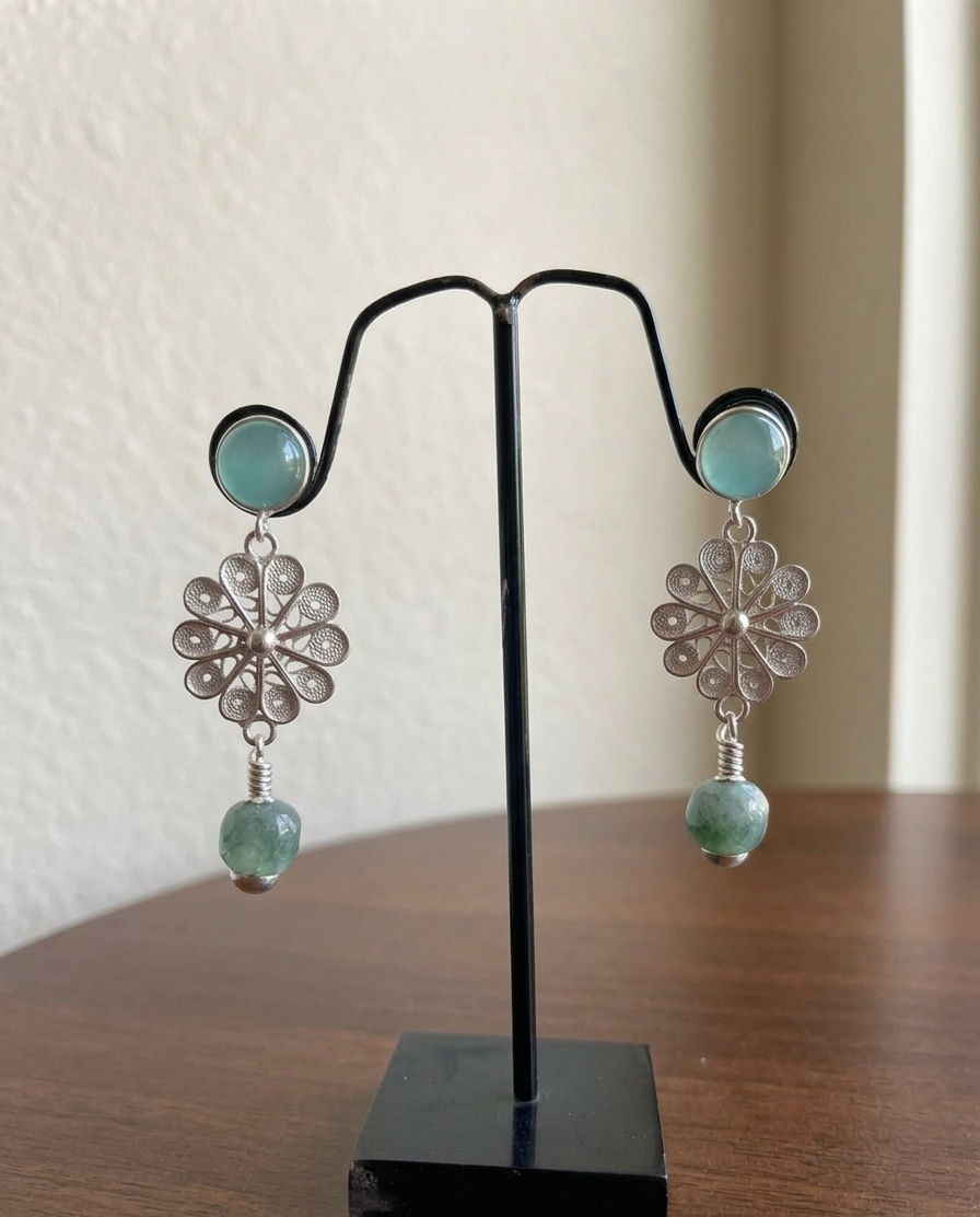 The Artisan/Boho Vibe: Mint Aventurine Filigree Rosette Earrings