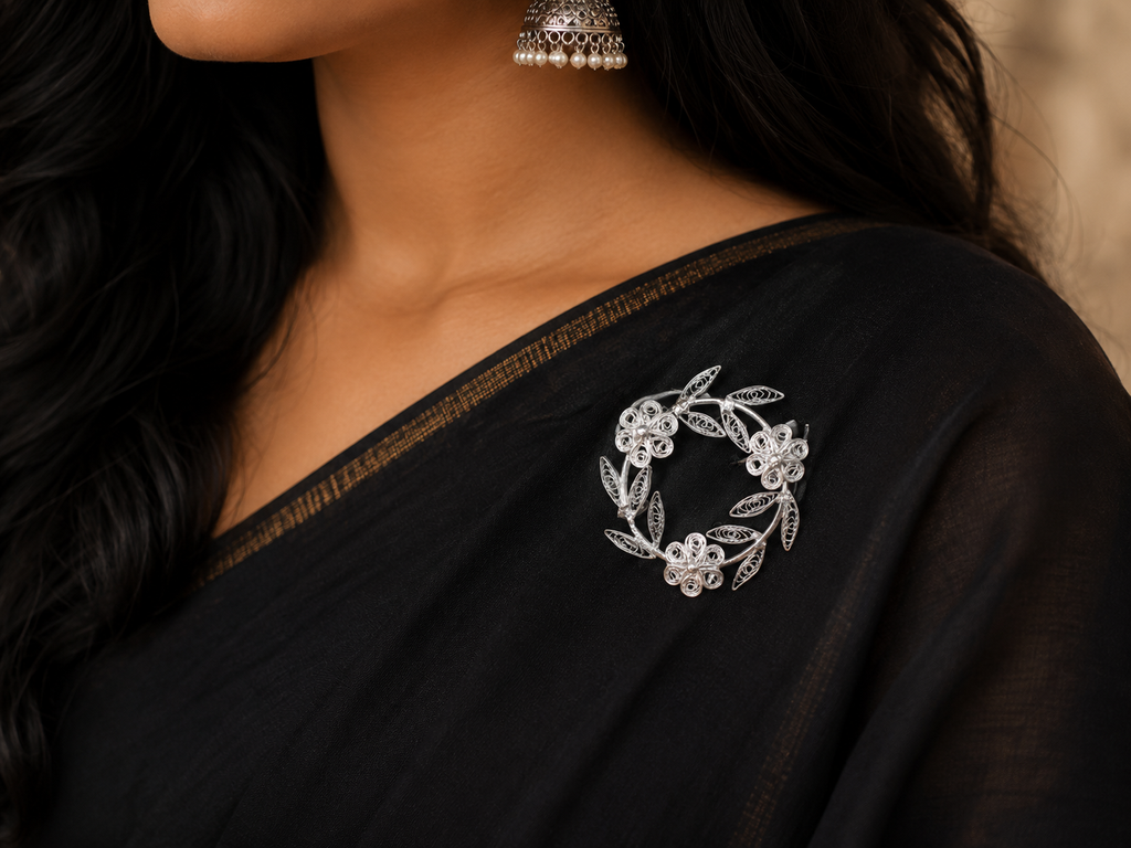 Eternal Blossom Wreath Filigree Silver Brooch