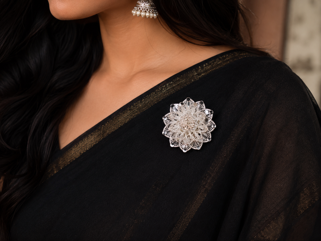 Radiant Lotus Filigree Silver Brooch