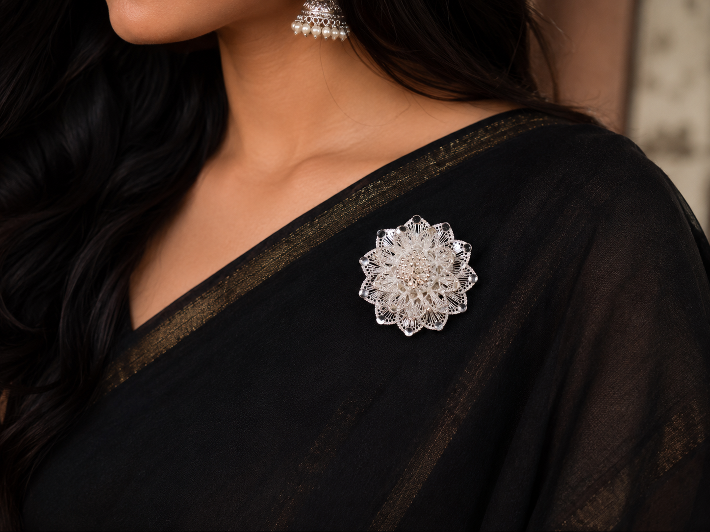 Radiant Lotus Filigree Silver Brooch