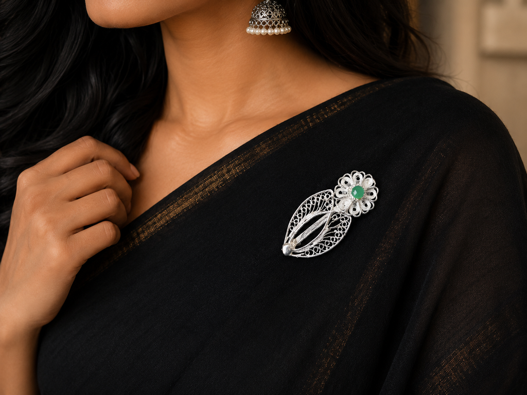 Emerald Blossom Filigree Silver Brooch