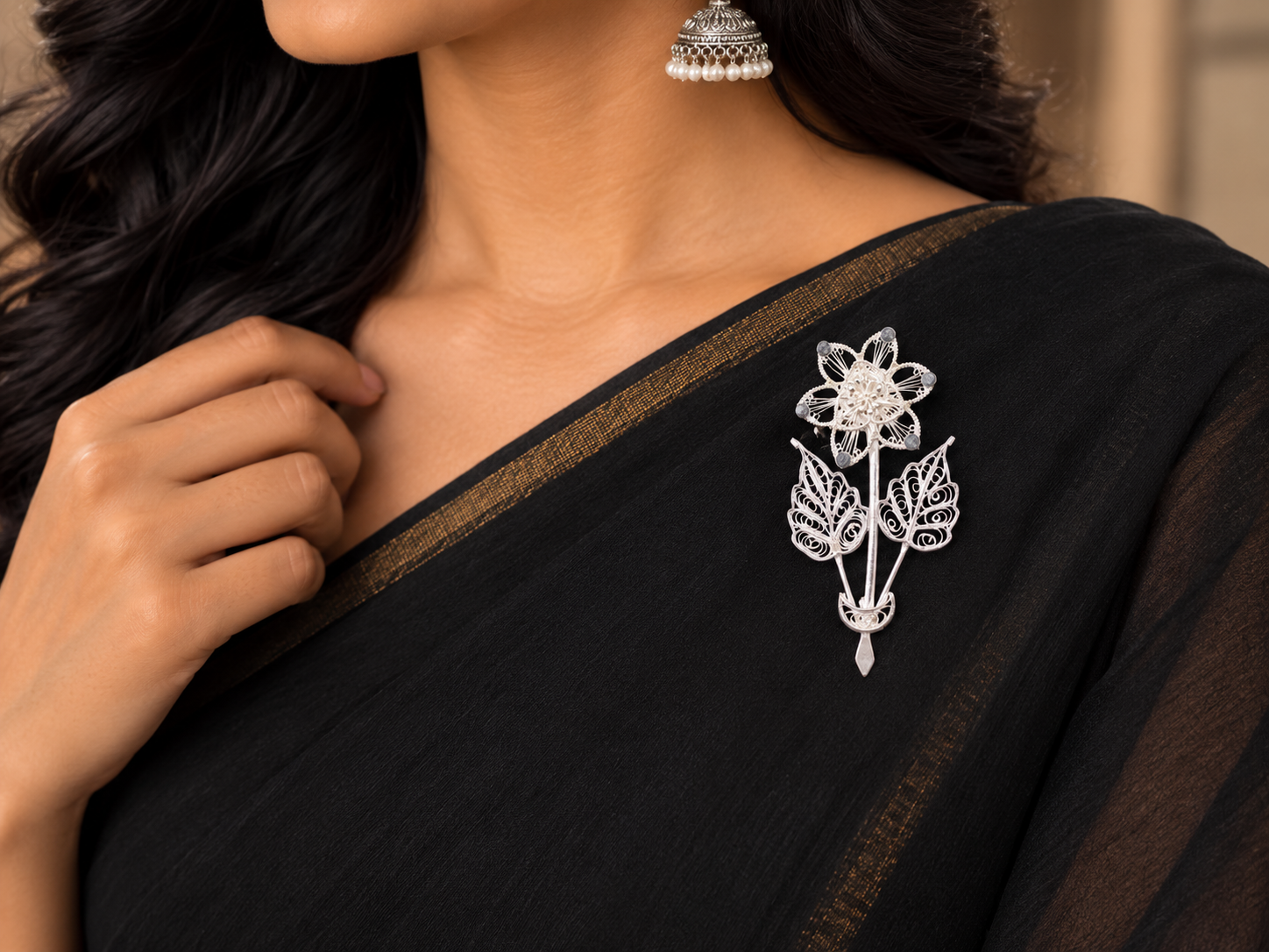 Silver Lotus Bloom Filigree Brooch