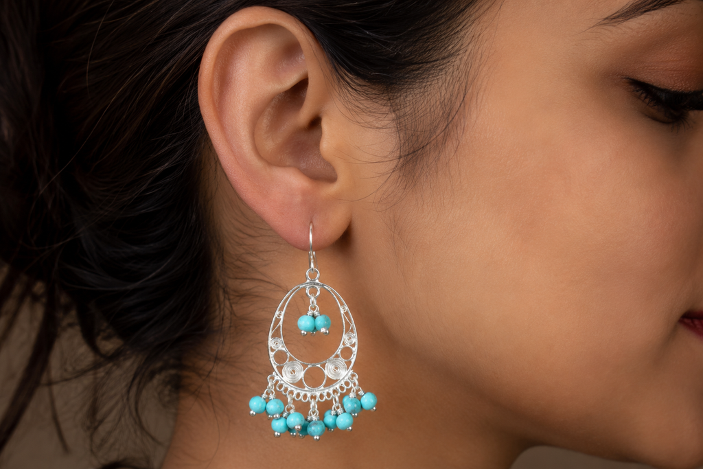 925 Sterling Silver Filigree Turquoise Chandbali Drop Earrings