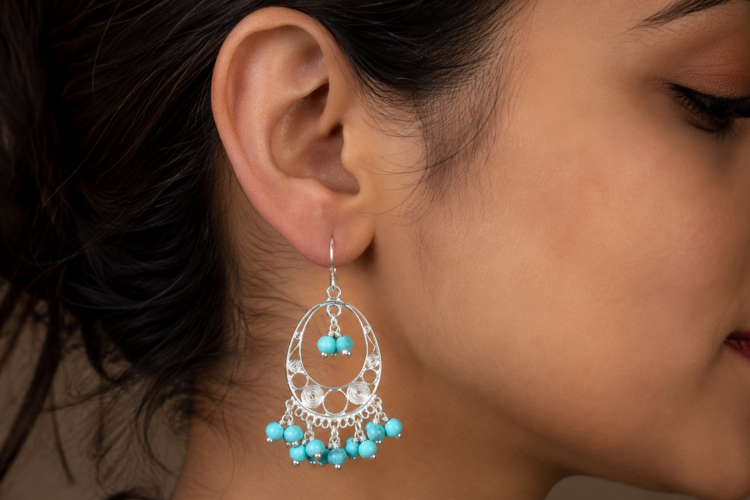 925 Sterling Silver Filigree Turquoise Chandbali Drop Earrings