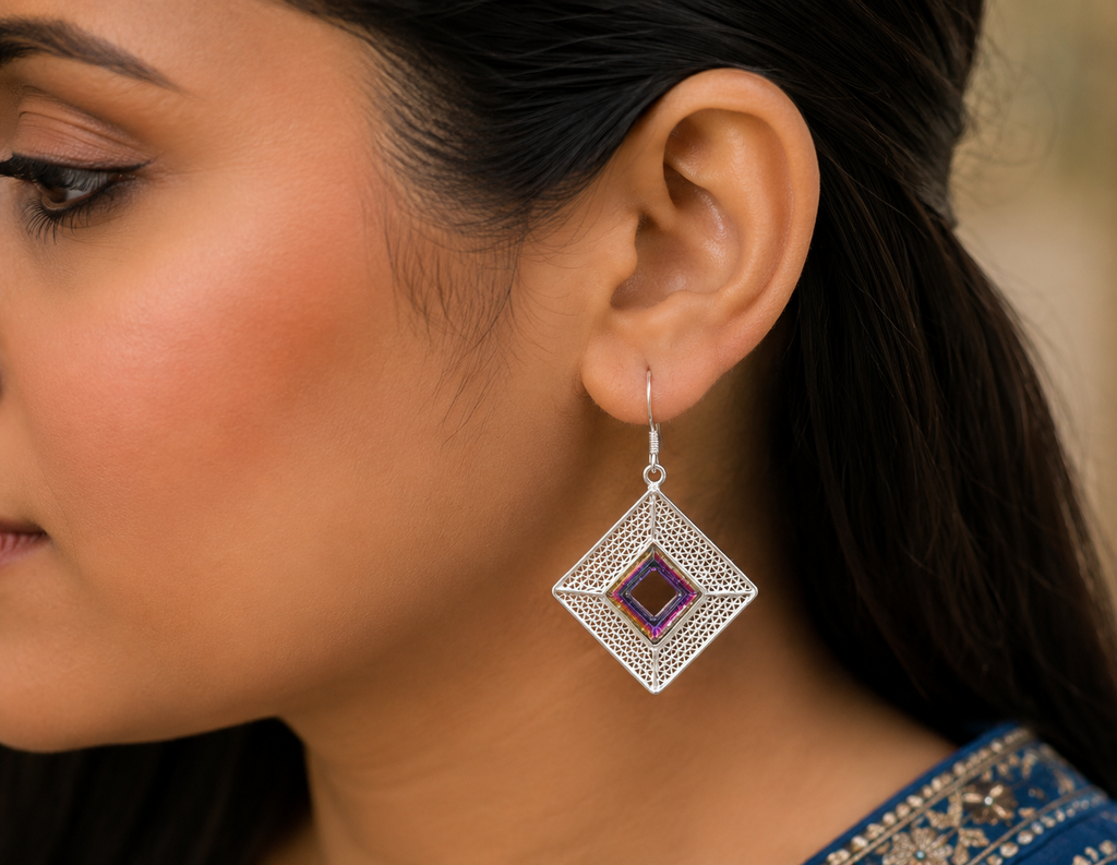 925 Silver Filigree Mystic Prism Square Earrings