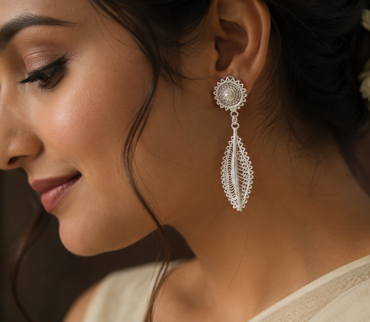 925 Silver Filigree Paisley Drop Earrings - front view