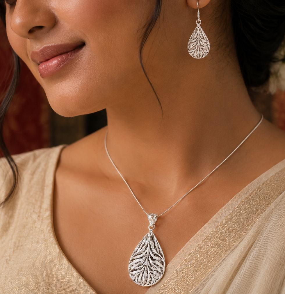 925 Silver Filigree Leaf Pendant & Earring Set - front view