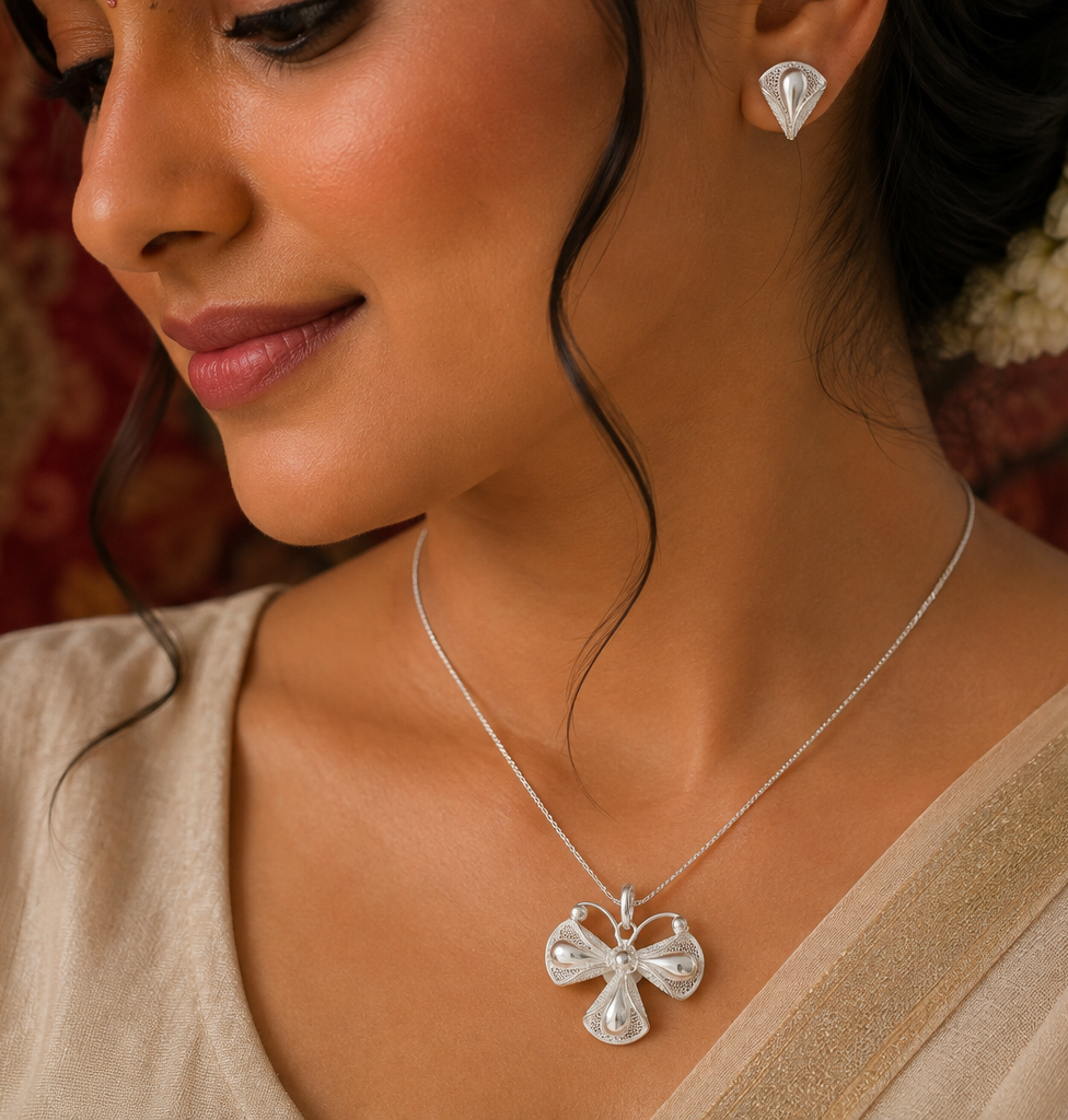 925 Silver Filigree Floral Pendant & Stud Earrings Set - front view