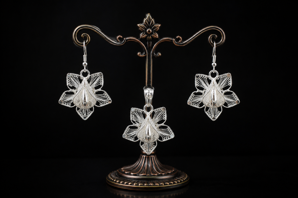 925 Silver Filigree Floral Pendant & Earring Set - front view