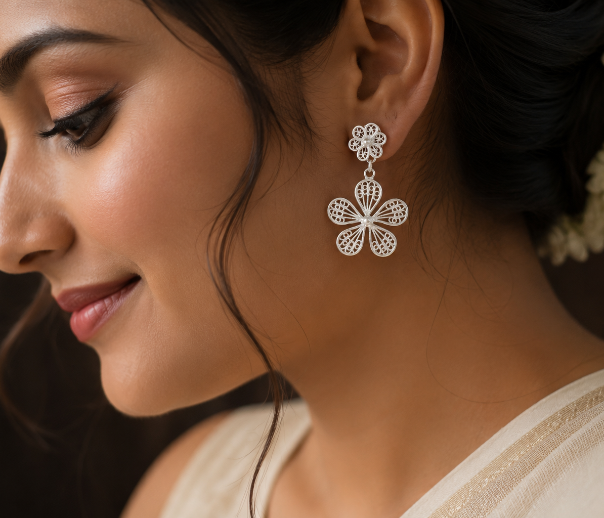 925 Silver Filigree Floral Bloom Earrings - front view