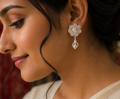925 Silver Filigree Floral Drop Earrings - front view