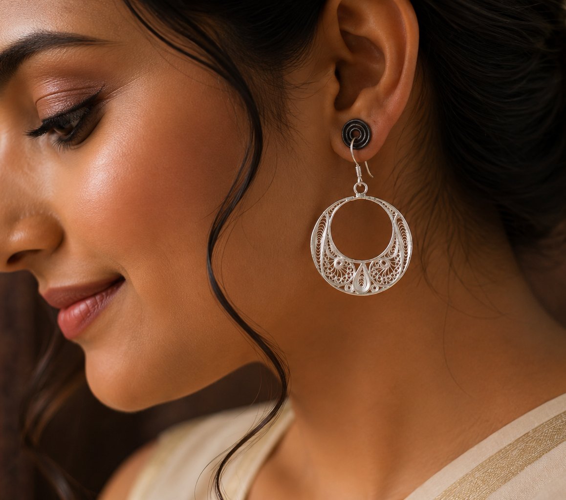 925 Silver Filigree Circular Hoop Earrings - front view