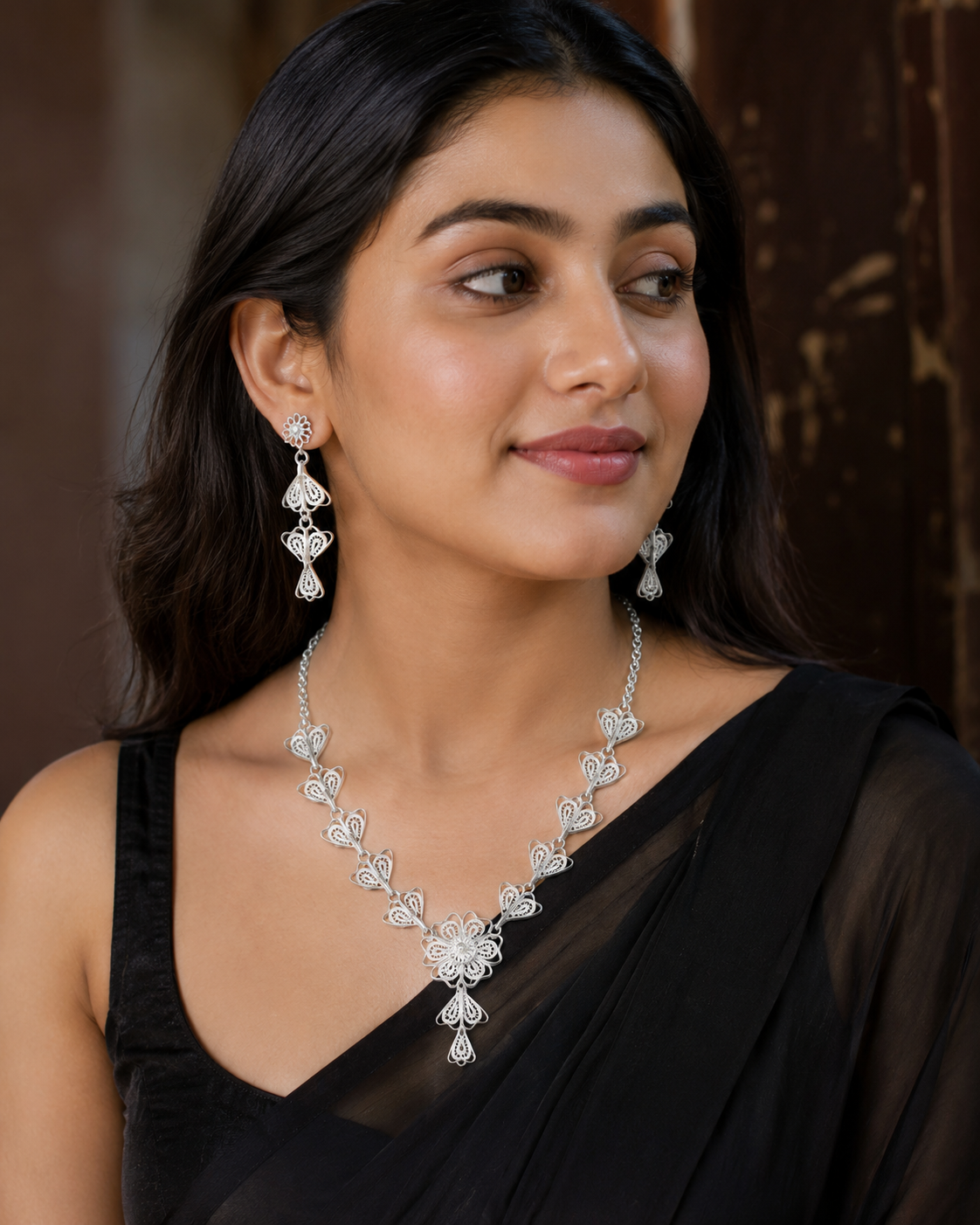 Silver Filigree Heart Blossom Necklace Set - front view