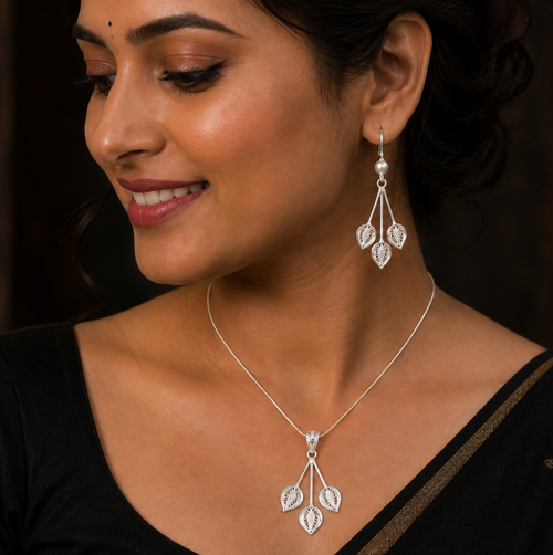 925 Silver Filigree Leaf Cluster Pendant & Earring Set - front view