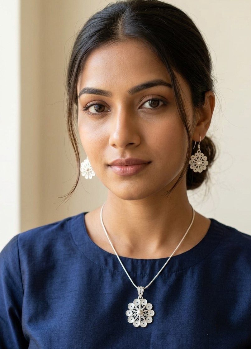 Traditional Charkha-Inspired Silver Filigree Pendant Set
