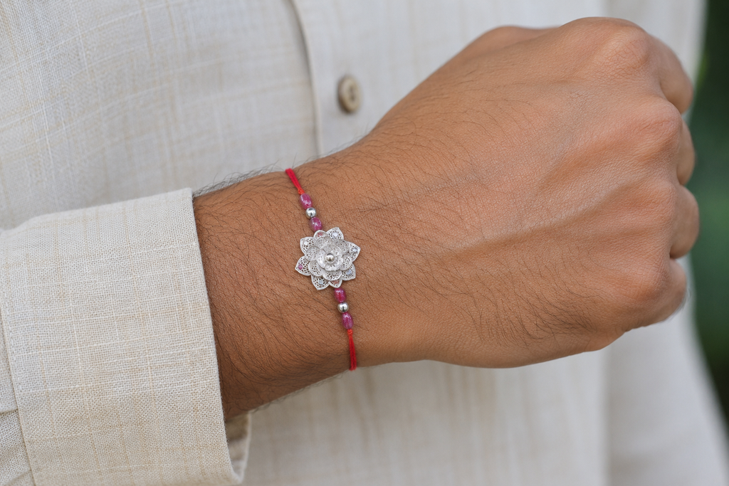 Silver Filigree Lotus Bloom Rakhi - front view