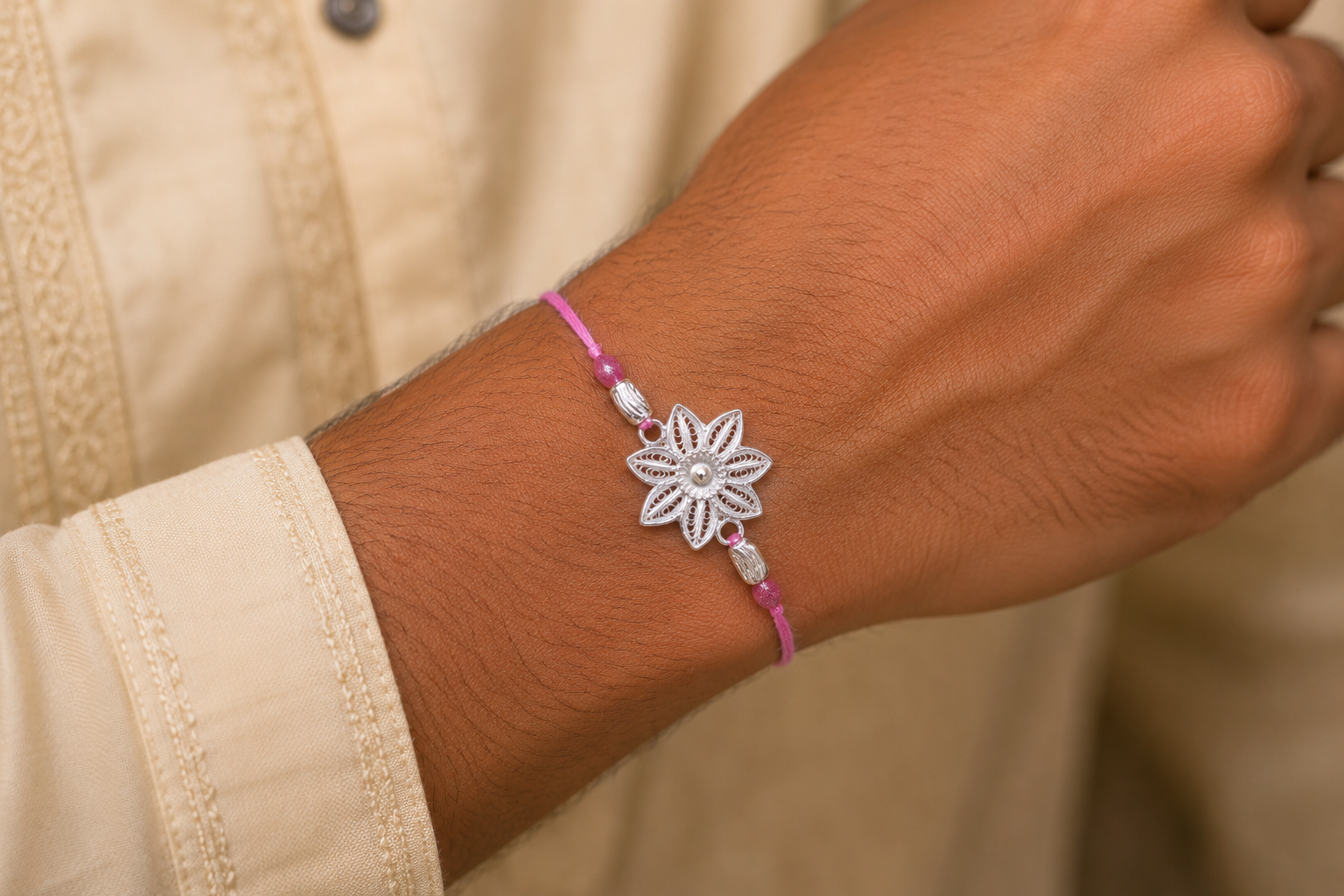 Silver Filigree Bloom Rakhi - front view